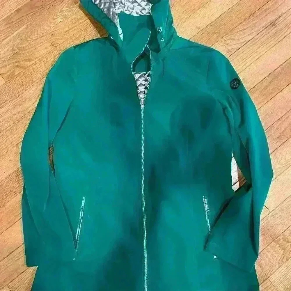 Calvin Klein Women’s Small Green Windbreaker Jacket Zip Pockets Drawstring Logo